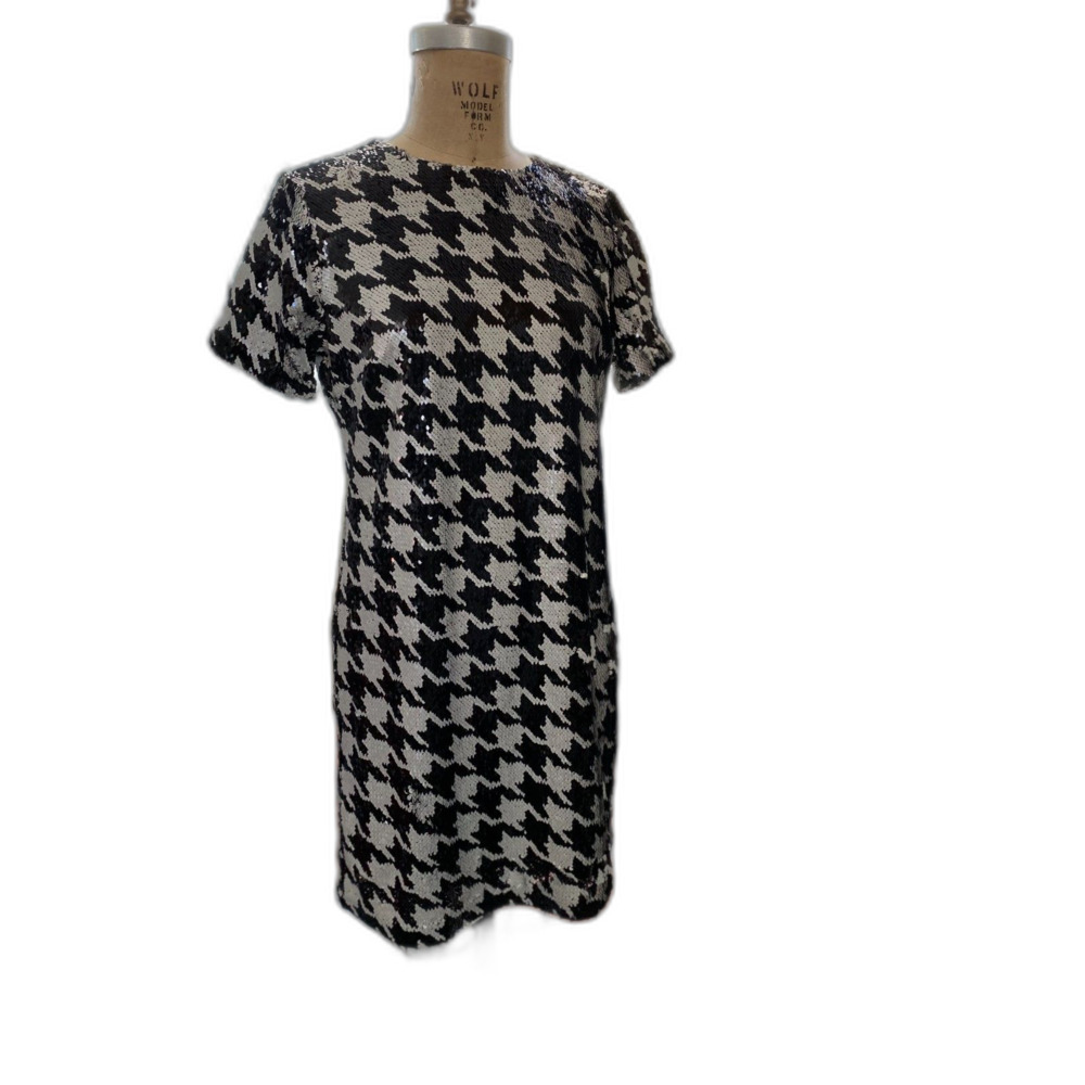 NWT Ann Taylor Black & White Houndstooth Sequin Short Sleeve Mini Dress Size 8P